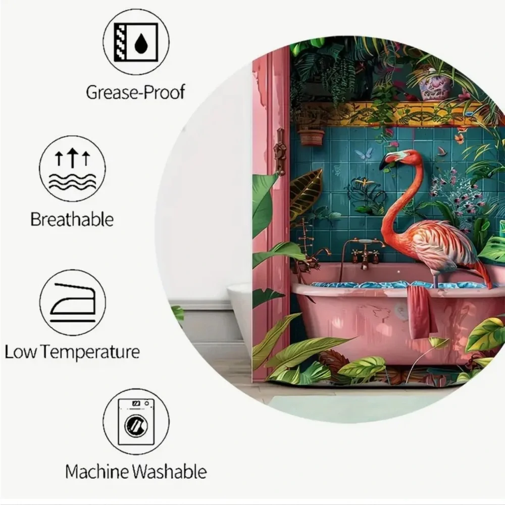 Tropical Flamingo Shower Curtain Bathroom Set - Pink and Teal